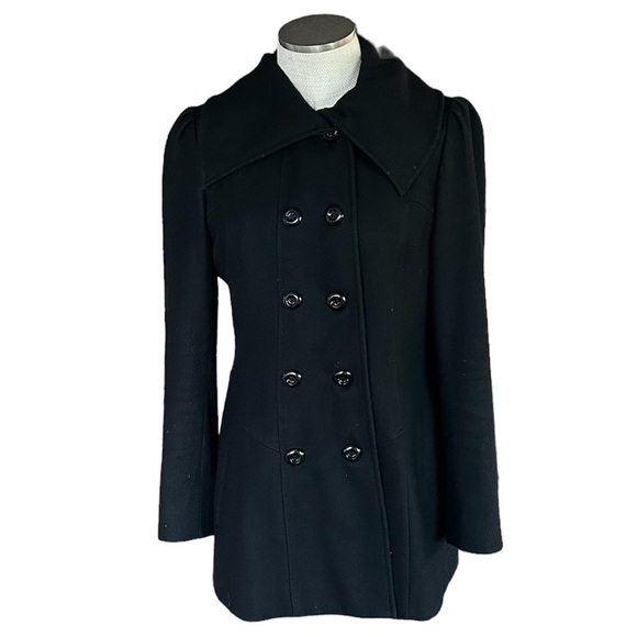 Guess Pea Coat Black Pleated Large Collar Size Large - Picture 1 of 5